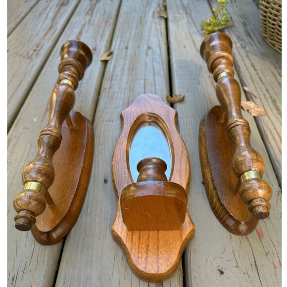 Vintage Mirrored Candle Sconces candleholders set of three wood wooden retro - Picture 5 of 16